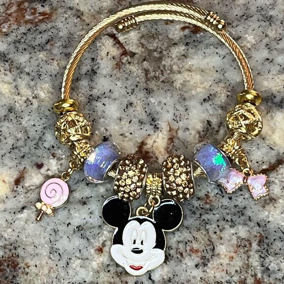 Fashion Jewelry Mickey Mouse Bangle Charm Bracelet Gold Plated Multicolored - Picture 2 of 5